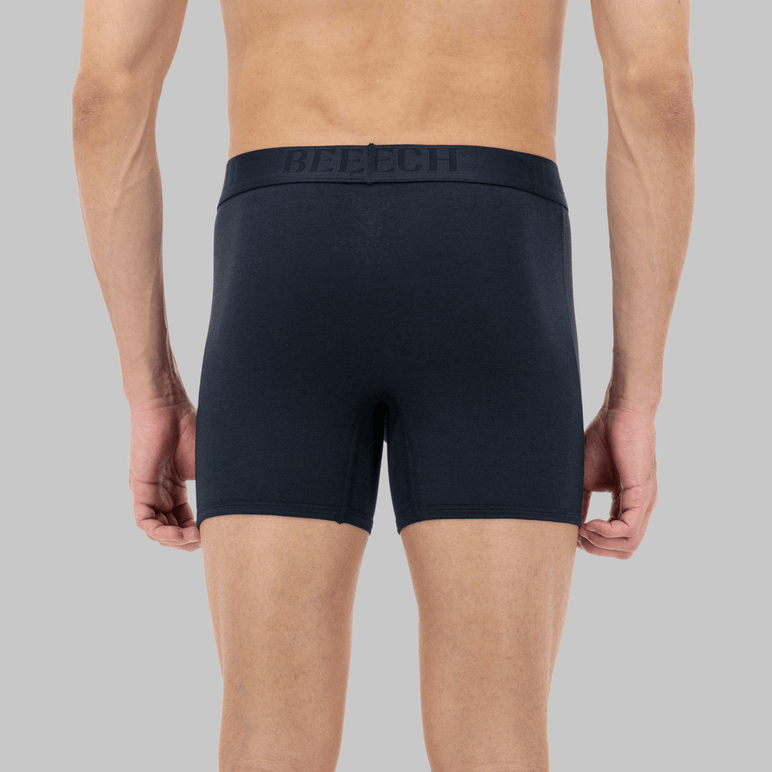 Back view of navy mid-length boxer with fly – providing support, moisture control, and comfort for everyday wear